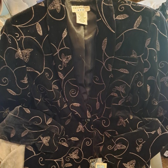 NWT- Fancy Covington Size 16 Black Velour/Velvet Embroidered Blazer Jacket - Picture 7 of 12